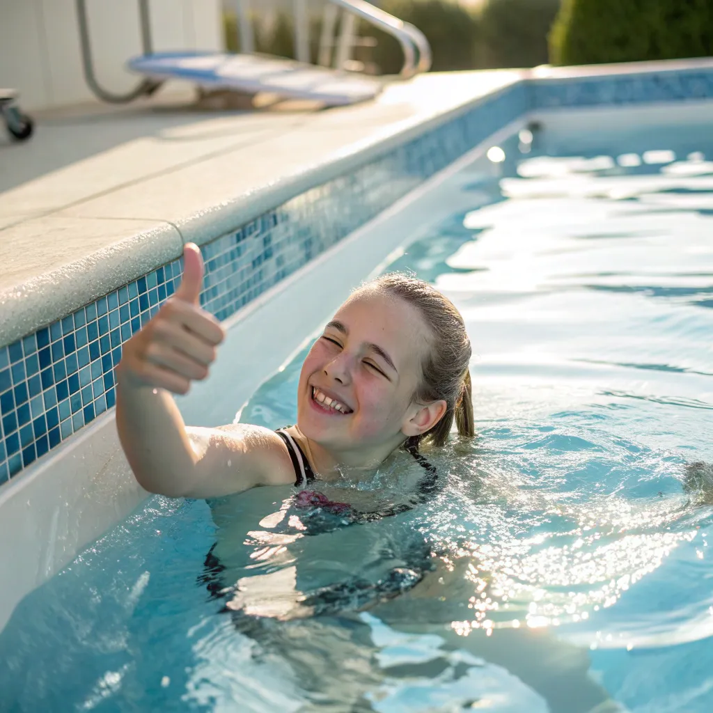 Emma giving a thumbs-up in the pool